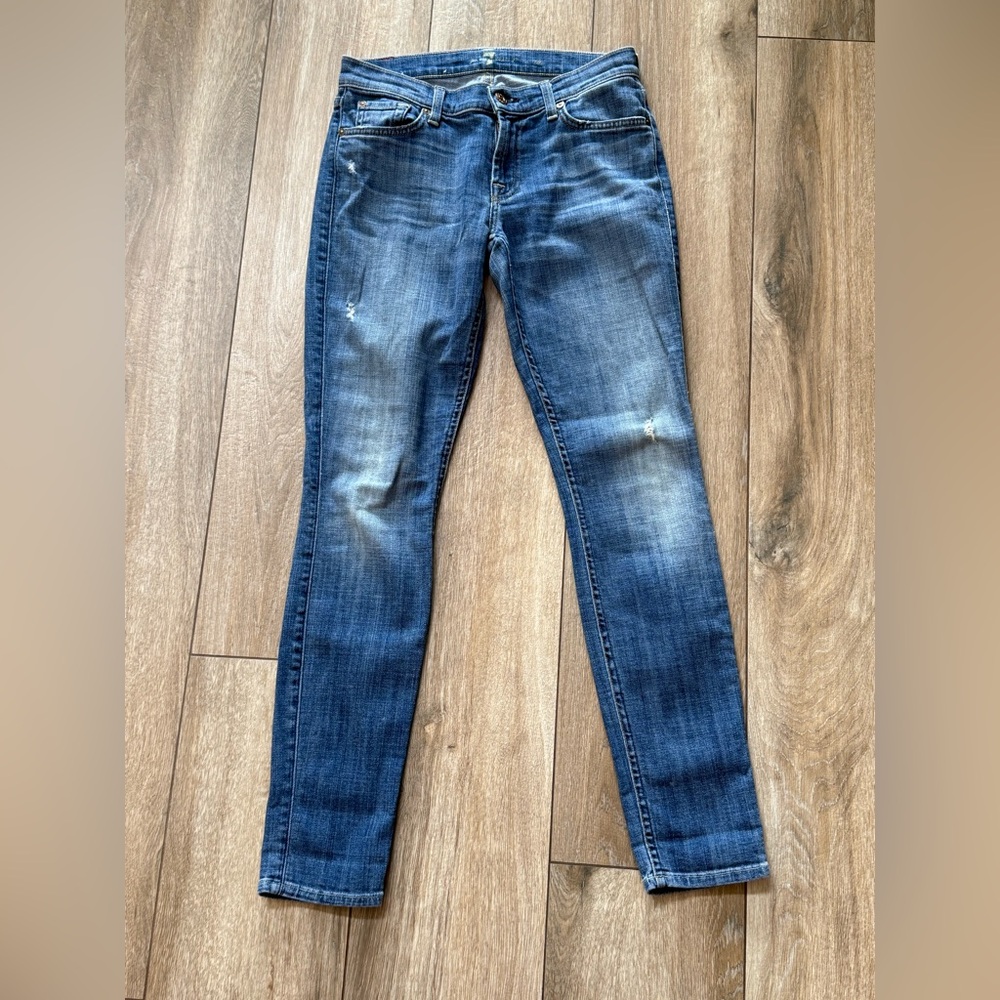 7 For All Mankind Distressed Blue Skinny Jeans